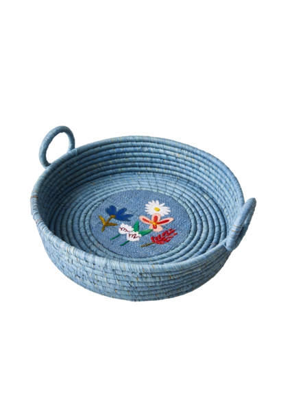 Raffia Brood mand rond Flower embroidery Blue