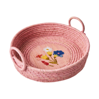 Raffia Brood mand rond Flower Embroidery Pink