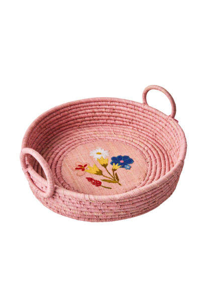 Raffia Brood mand rond Flower embroidery Pink