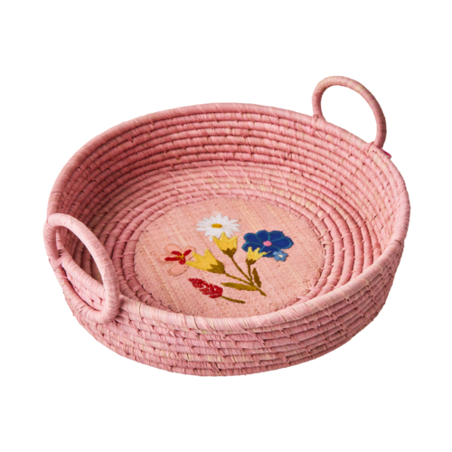 Rice Raffia Brood mand rond Flower Embroidery Pink