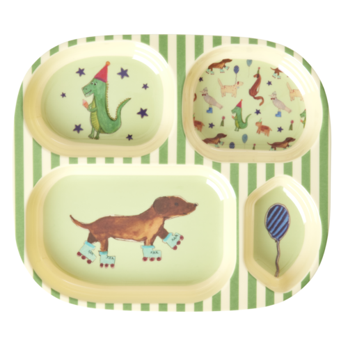 Rice Melamine Kids 4 compartment plate Party Animal green