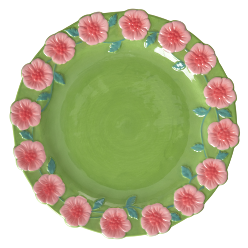 Rice Ceramic dinner plate Embossed Flower Green