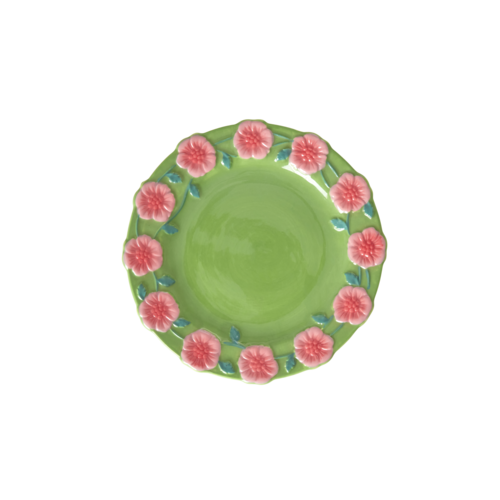 Rice Ceramic cake plate Embossed Flower Green