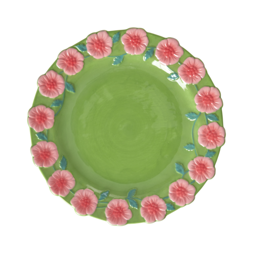 Rice Ceramic lunch plate Embossed Flower Green