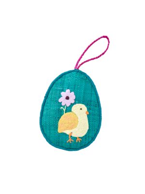 Rice Raffia Easter egg ornament large Hen teal