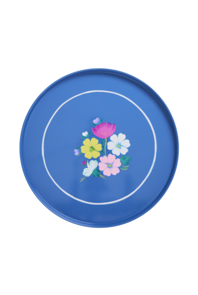 Dienblad rond metaal Blue met Flower - D:38cm
