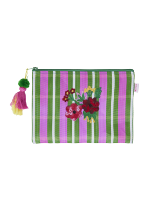 Rice Recycled Plastic Etuie Flowers - green & pink stripes