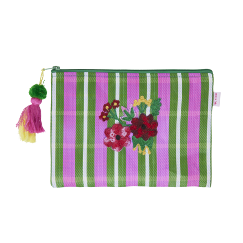 Rice Recycled Plastic Etuie Flowers - green & pink stripes