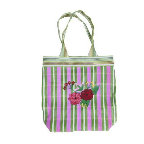 Rice Shopper recycled plastic Embroidered Flowers - stripes