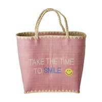 Raffia shopper Pink & tekst 'Take the time to Smile'