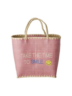 Rice Raffia shopper Pink & tekst 'Take the time to Smile'