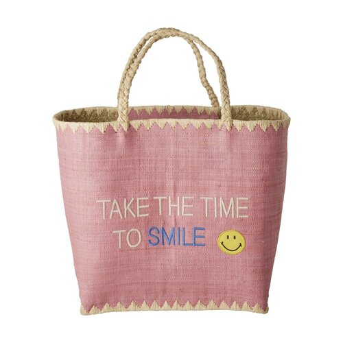 Rice Raffia shopper Pink & tekst 'Take the time to Smile' Rice Raffia shopper Pink & tekst 'Take the time to Smile'