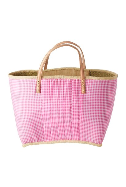 Raffia shopper  met Vichy stof Dark Pink - leren handvaten