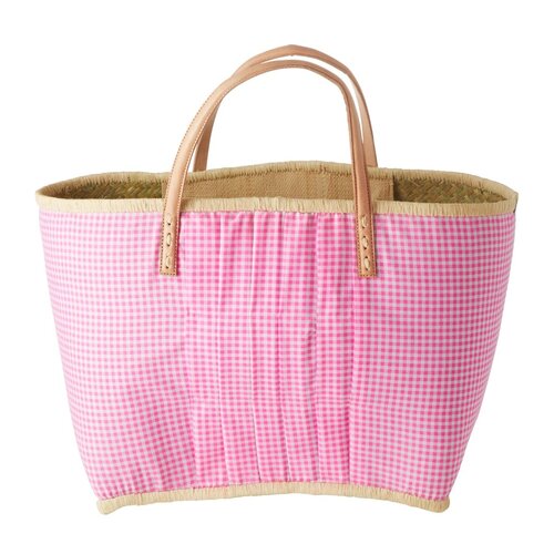 Rice Raffia shopper  met Vichy stof Dark Pink - leren handvaten