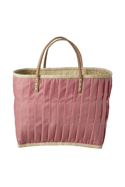 Raffia shopper  met Vichy stof Red - leren handvaten
