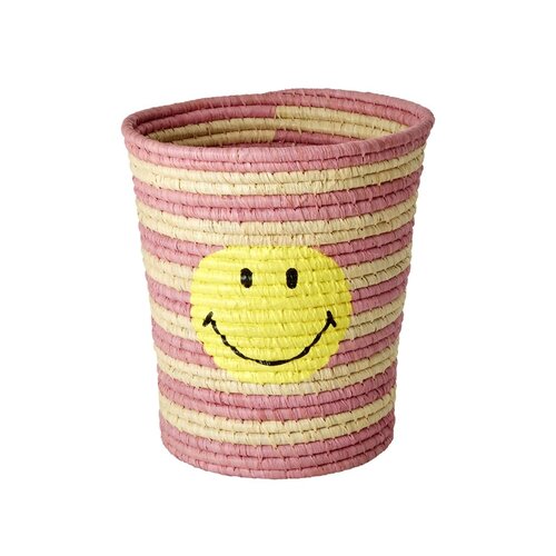 Rice Raffia mand rond medium Stripes &  Smiley pink