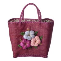 Raffia Shopper large Heavy Flower Embroidery. & Fabric Closing in soft plum