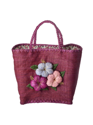 Rice Raffia Shopper large Heavy Flower Embroidery. & Fabric Closing in soft plum