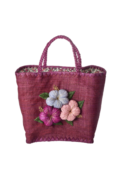 Raffia Shopper large Heavy Flower Embroidery. & Fabric Closing in soft plum
