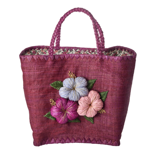 Rice Raffia Shopper large Heavy Flower Embroidery. & Fabric Closing in soft plum