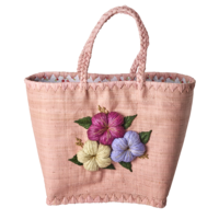 Raffia Shopper large Heavy Flower Embroidery & Fabric Closing in pink
