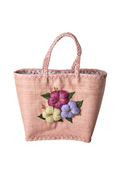 Raffia Shopper large Heavy Flower Embroidery & Fabric Closing in pink