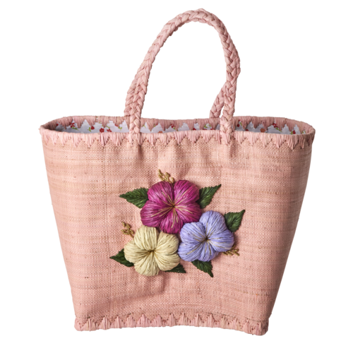 Rice Raffia Shopper large Heavy Flower Embroidery & Fabric Closing in pink