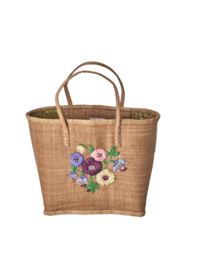 Rice Raffia Shopper medium Heavy Flower Embroidery tea - leren handgreep