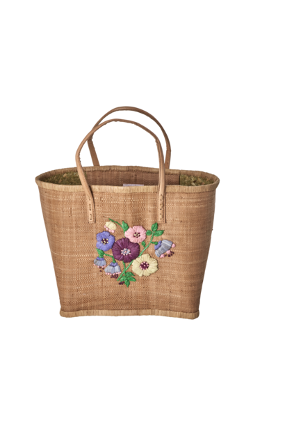 Raffia Shopper medium Heavy Flower Embroidery tea - leren handgreep