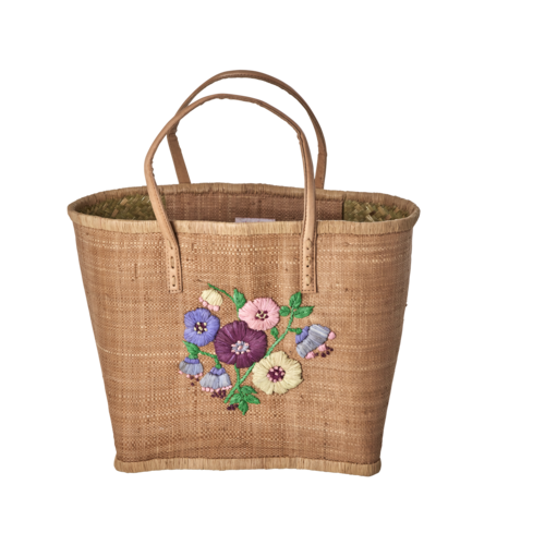 Rice Raffia Shopper medium Heavy Flower Embroidery tea - leren handgreep