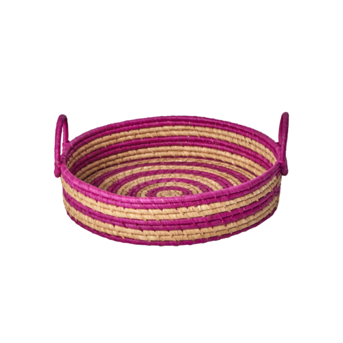 Rice Raffia Brood mand rond Stripes soft plum