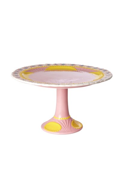 Aardewerk taart plateau Embossed Flower Yellow hoog