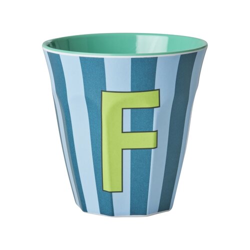 Rice Melamine cup letter F Stripes multicolor blue medium