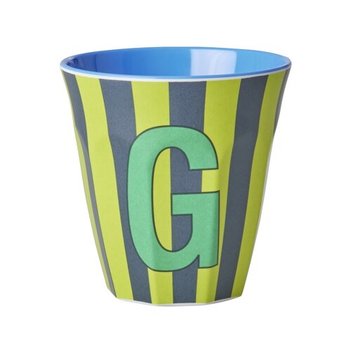 Rice Melamine cup letter G Stripes multicolor blue medium