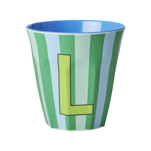 Rice Melamine cup letter L Stripes multicolor blue medium