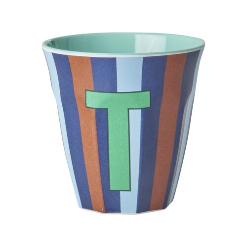 Rice Melamine cup letter T Stripes multicolor blue medium