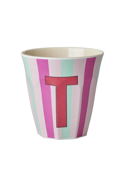 Melamine beker letter T Stripes multicolor pink medium