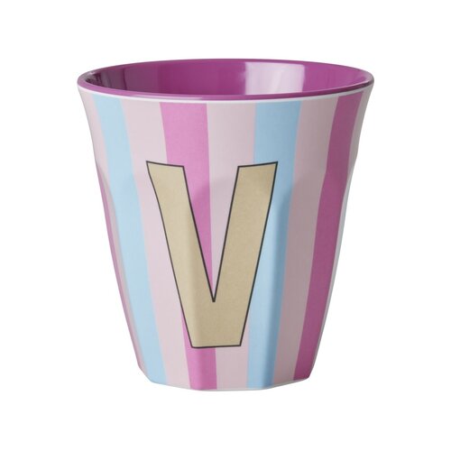 Rice Melamine beker letter V Stripes multicolor pink medium