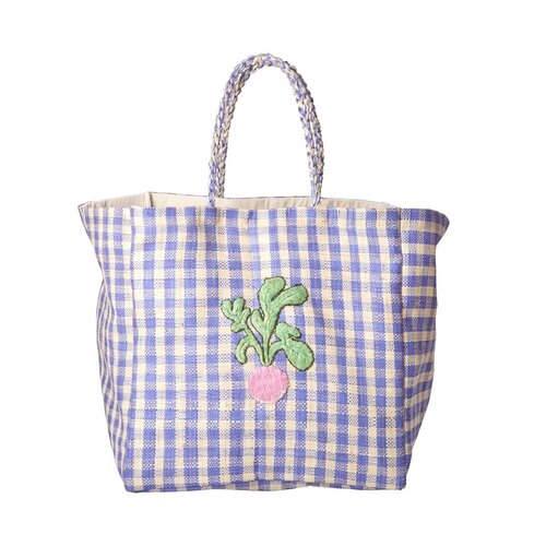 Rice Raffia shopper Check lavender & Radish embroidery