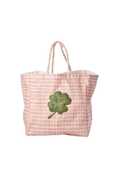 Raffia shopper Check pink & Clover embroidery