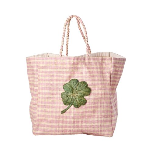 Rice Raffia shopper Check pink & Clover embroidery