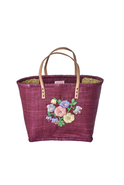 Raffia Shopper medium Heavy Flower Embroidery soft plum - leren handgreep