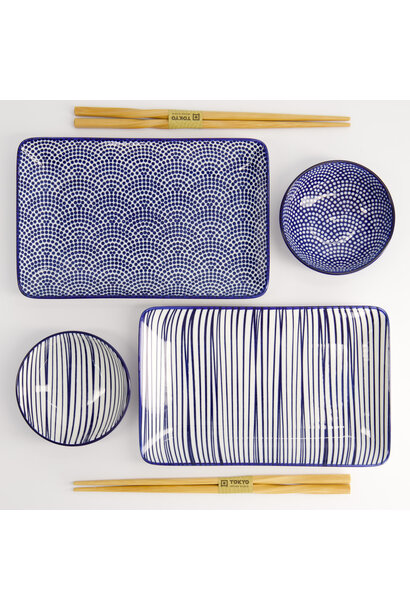 Sushi gifset Nippon Blue Lines / Dots set/6 21x13.5 & 9.5x3cm