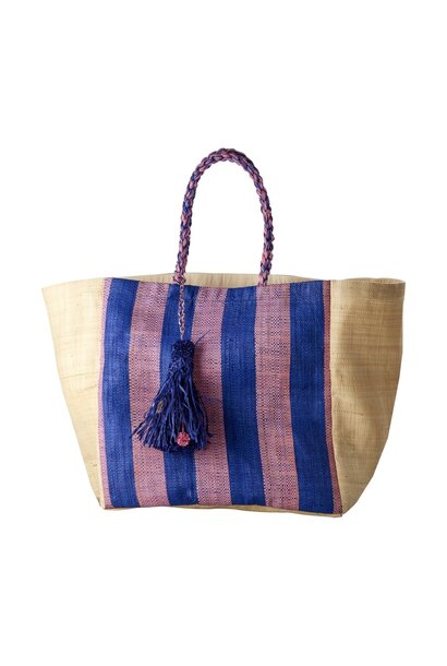 Raffia shopper Nature with Navy Blue & Pink stripes