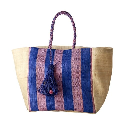 Rice Raffia shopper Nature with Navy Blue & Pink stripes