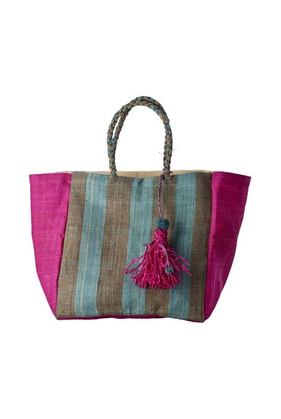Raffia shopper Fuchsia with Blue & Grey stripes