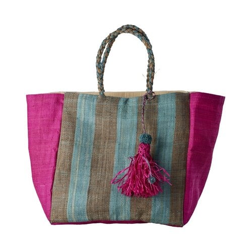 Rice Raffia shopper Fuchsia with Blue & Grey stripes