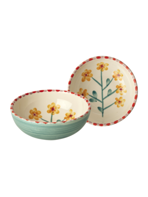 Rice Kom Flower yellow - jade 350ml - handpainted aardewerk