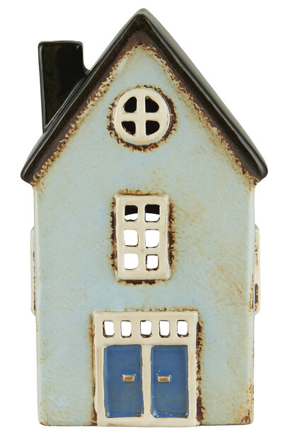 Theelicht houder House Nyhavn pastel blue double door black roof - W:8 H:19 L:11cm