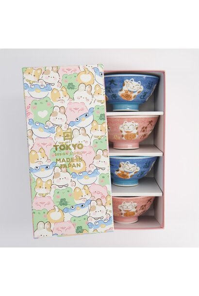 Kawaii Lucky Cat blue/pink kom giftset 4pcs 11.3x5.8cm B